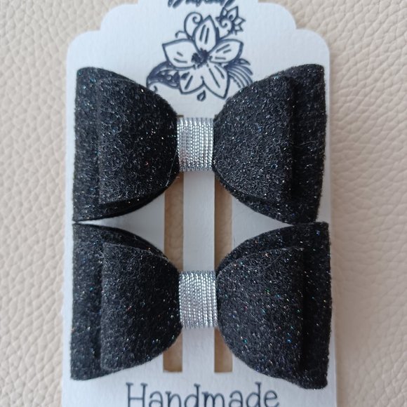 Hair bows for girls, glitter felt, 2 sets black and gold, black and silver 2.75 - Picture 1 of 4